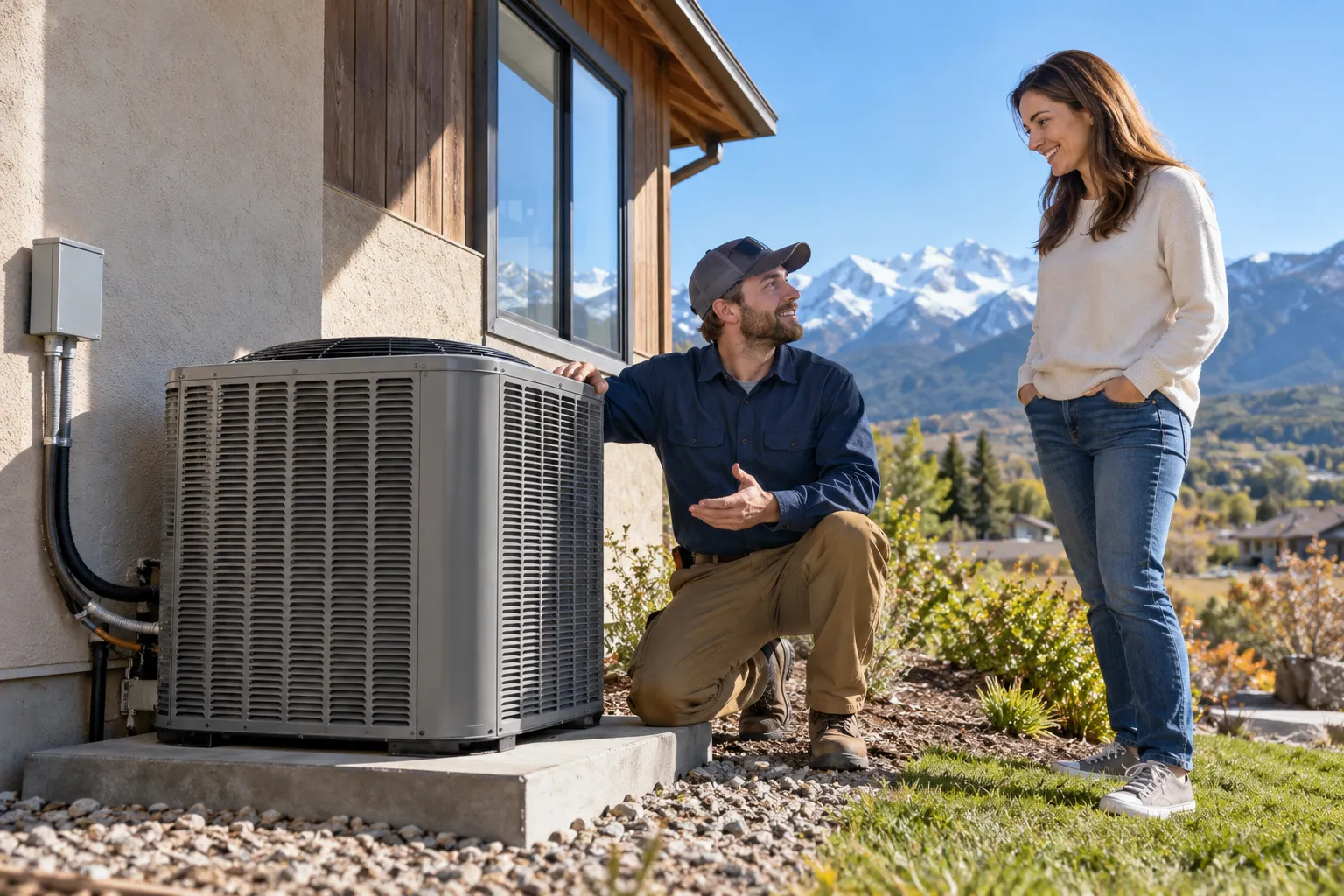 A local HVAC provider checking a new outdoor air conditioner beside a home in Frederick