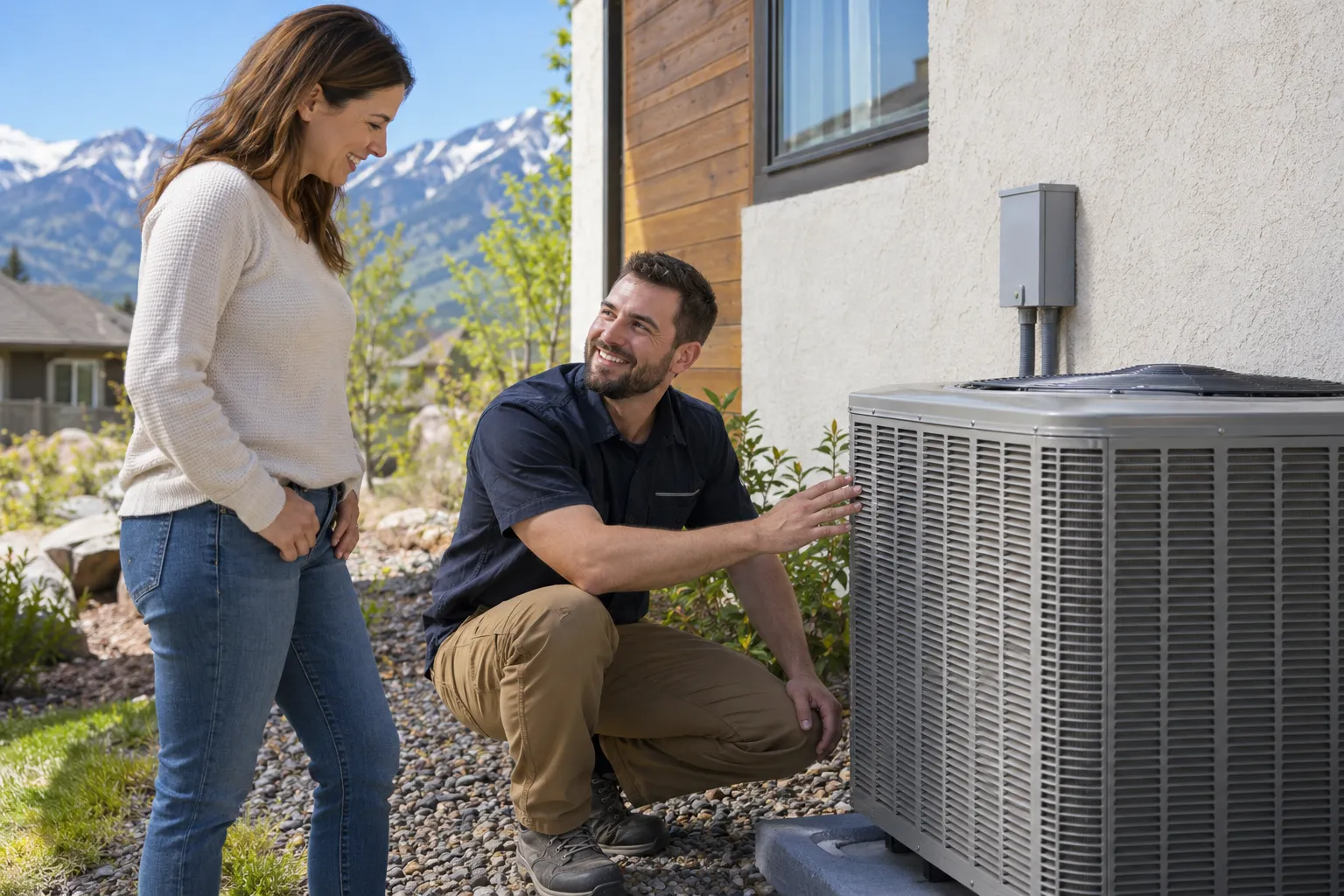 Friendly HVAC provider checking an outdoor air conditioner at a home in Frederick