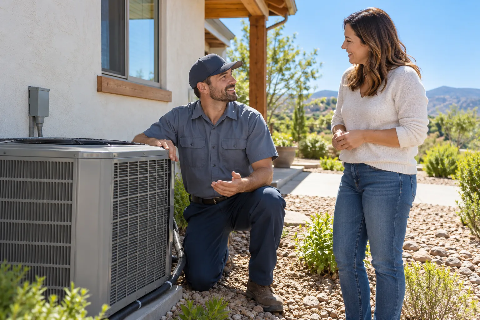 Homeowner talking with a local HVAC provider beside an outdoor AC unit in Frederick