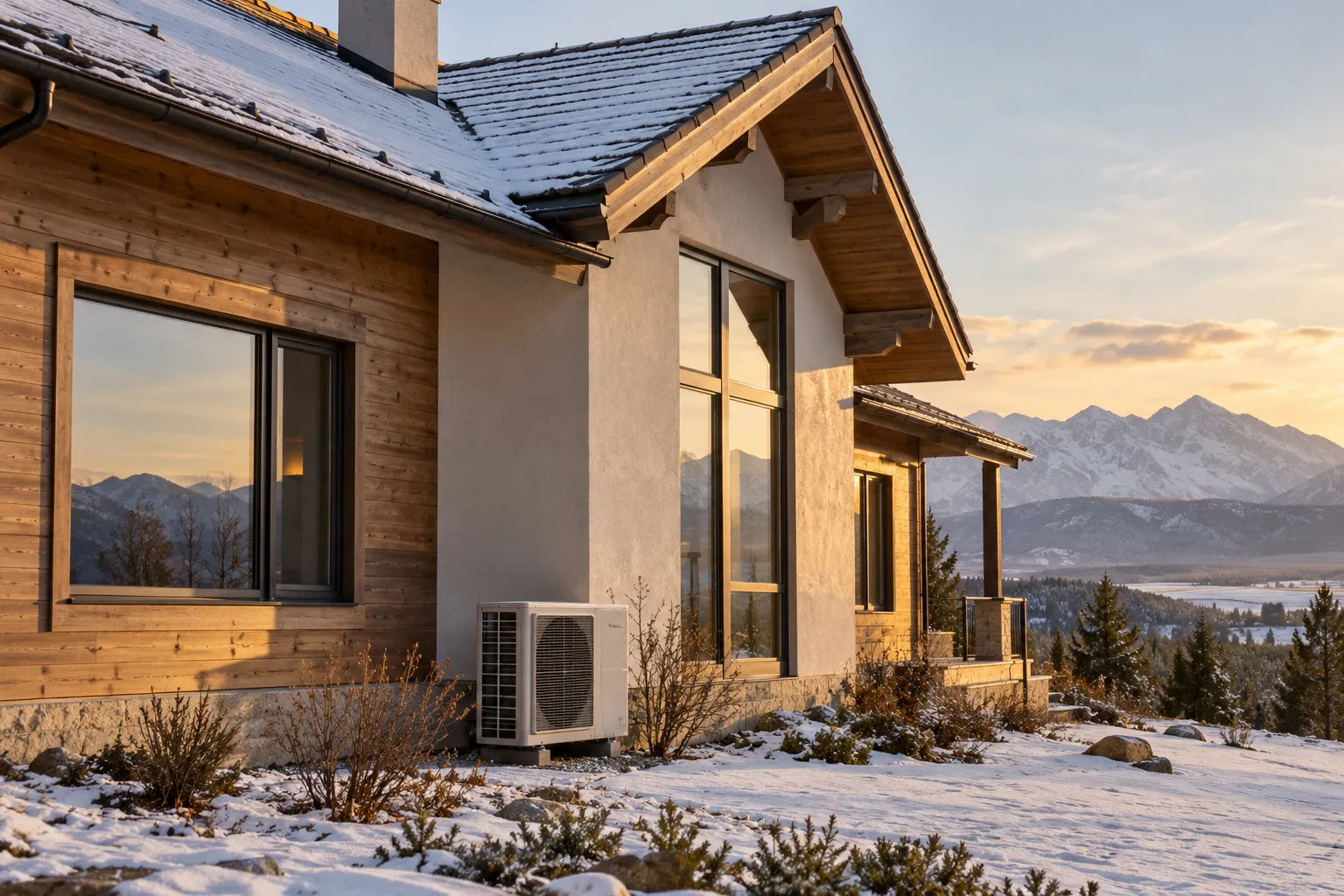 Home in Frederick with snow-dusted roof and outdoor HVAC unit